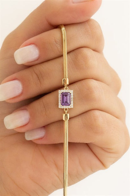 Solid Gold Purple Baguette Gemstone Bracelet | 14K (585) | 4.23 gr