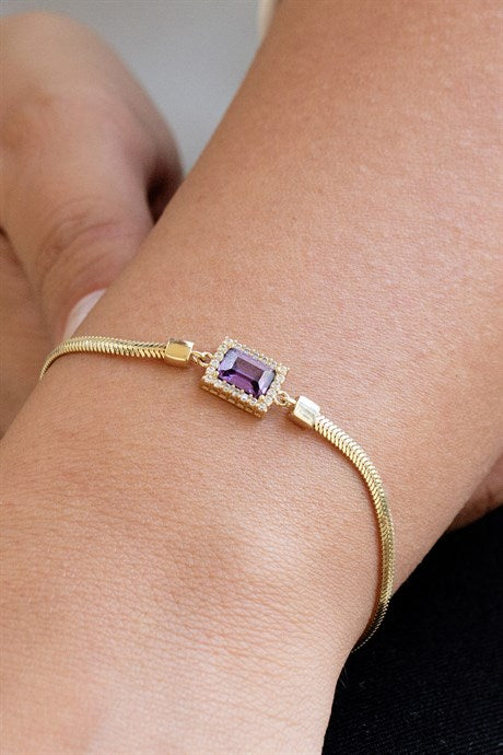 Solid Gold Purple Baguette Gemstone Bracelet | 14K (585) | 4.23 gr