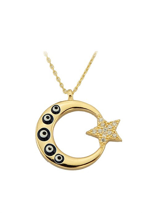 Solid Gold Evil Eye Moon Star Necklace | 14K (585) | 2.48 gr