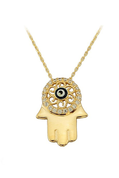 Collar de oro macizo con la mano del mal de ojo de Fátima (Hamsa) | 14K (585) | 2,33 gramos