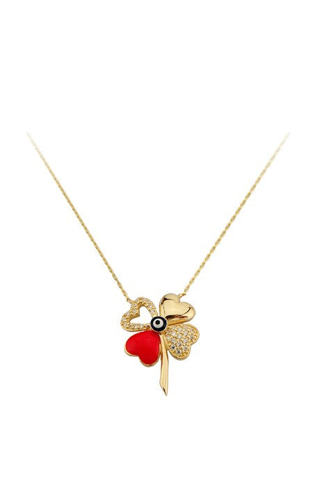 Solid Gold Evil Eye Heart Clover Necklace | 14K (585) | 2.81 gr