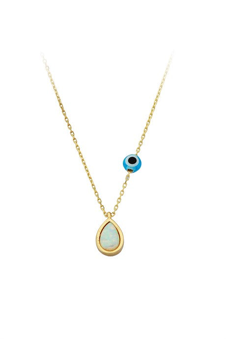 Solid Gold Evil Eye Opal Gemstone Drop Necklace | 14K (585) | 1.66 gr