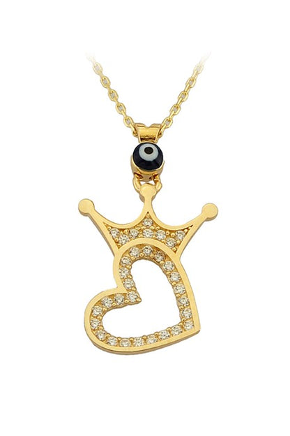 Collar de corazón de corona de mal de ojo de oro macizo | 14K (585) | 2,27 gramos