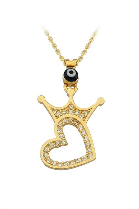 Solid Gold Evil Eye Crown Heart Necklace | 14K (585) | 2.27 gr