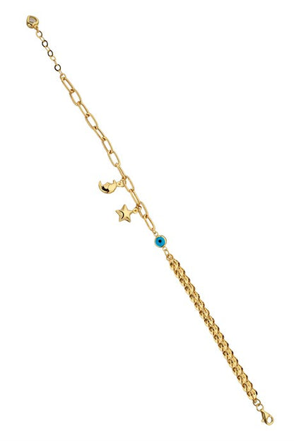 Bracelet étoile lune mauvais œil en or massif | 14K (585) | 4,57 grammes