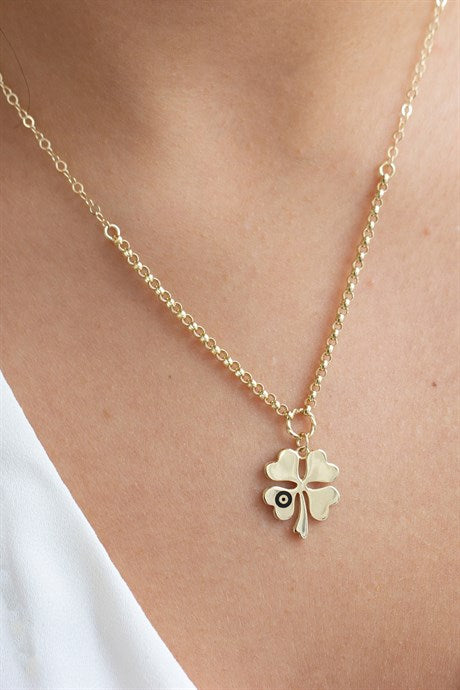 Solid Gold Evil Eye Clover Necklace | 14K (585) | 4.03 gr