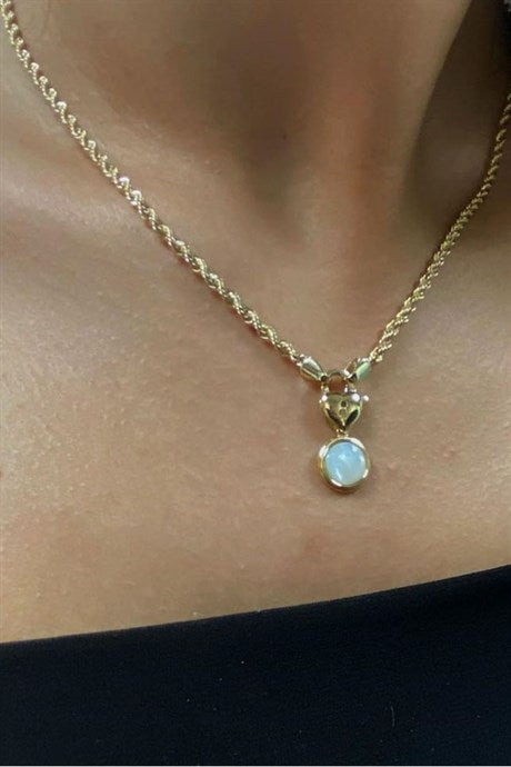 Solid Gold Opal Gemstone Heart Lock Necklace | 14K (585) | 7 gr