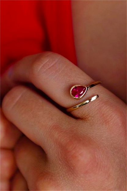 Bague goutte en or massif avec pierres précieuses roses | 14K (585) | 1,68 g| Anneau réglable