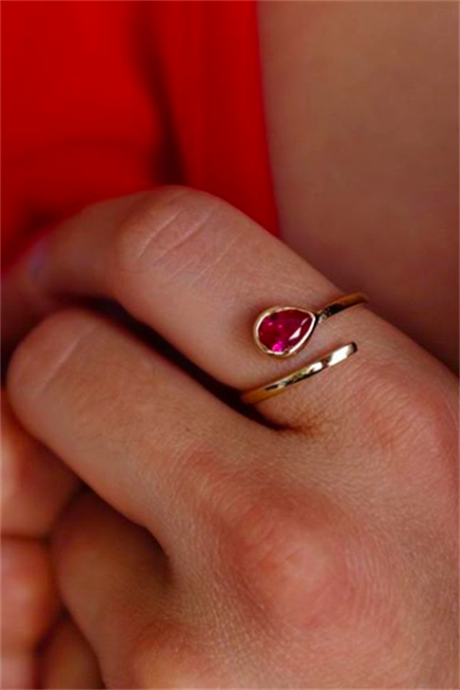 Solid Gold Rose Gemstone Drop Ring | 14K (585) | 1.68 gr| Adjustable Ring