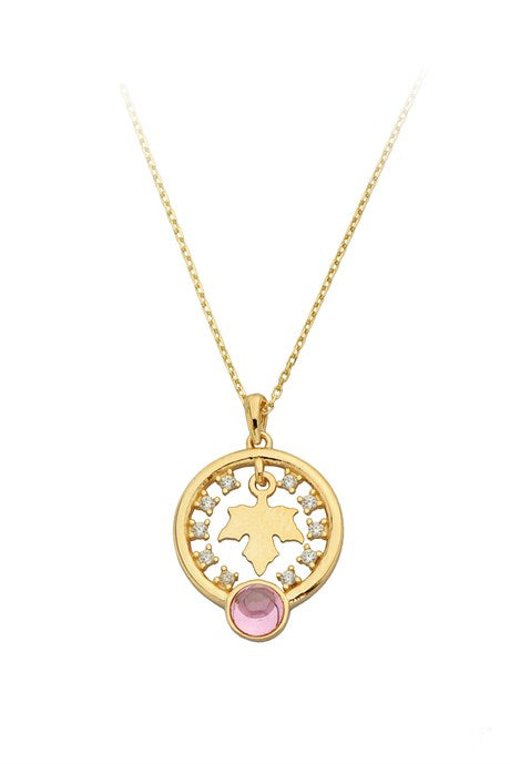 Solid Gold Rose Gemstone Leaf Circle Necklace | 14K (585) | 2.43 gr