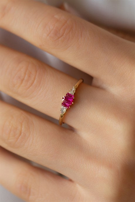 Anneau de pierres précieuses roses en or massif | 14K (585) | 1,33 g