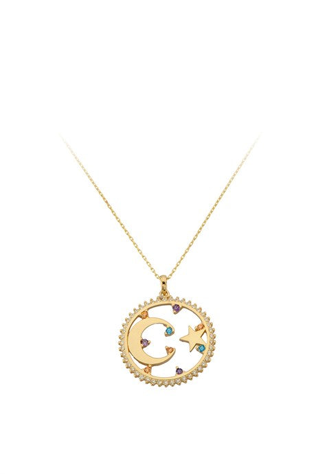 Solid Gold Colorful Gemstone Moon Star Necklace | 14K (585) | 3.12 gr