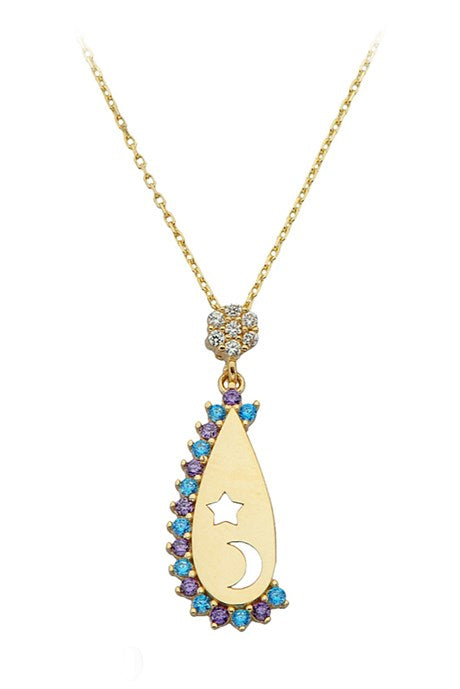 Solid Gold Colorful Gemstone Moon Star Plate Necklace | 14K (585) | 2.20 gr