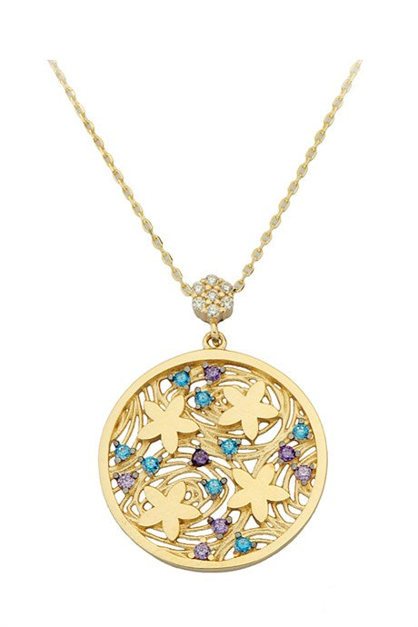 Solid Gold Colorful Gemstone Flower Necklace | 14K (585) | 3.39 gr