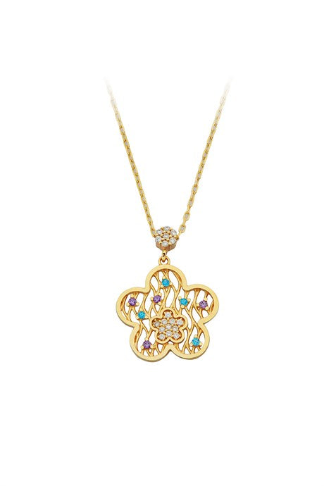 Solid Gold Colorful Gemstone Flower Necklace | 14K (585) | 2.40 gr