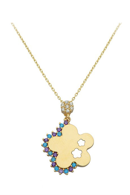 Solid Gold Colorful Gemstone Flower Plate Necklace | 14K (585) | 2.48 gr