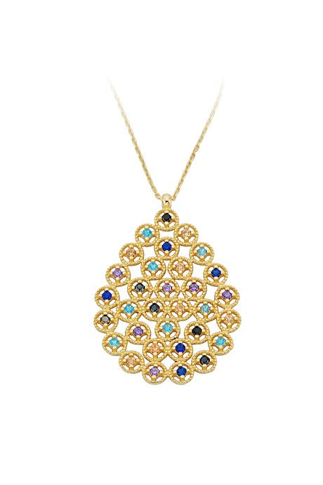 Solid Gold Colorful Gemstone Drop Necklace | 14K (585) | 4.14 gr