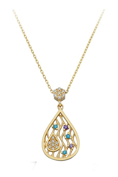 Solid Gold Colorful Gemstone Drop Necklace | 14K (585) | 2.01 gr