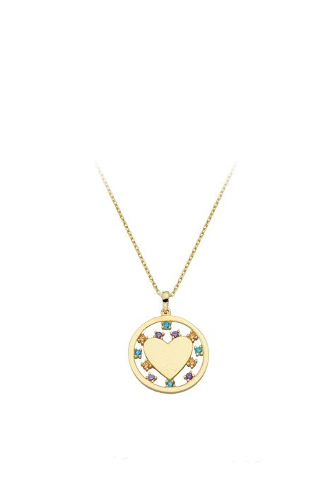 Solid Gold Colorful Gemstone Circle Heart Necklace | 14K (585) | 2.35 gr