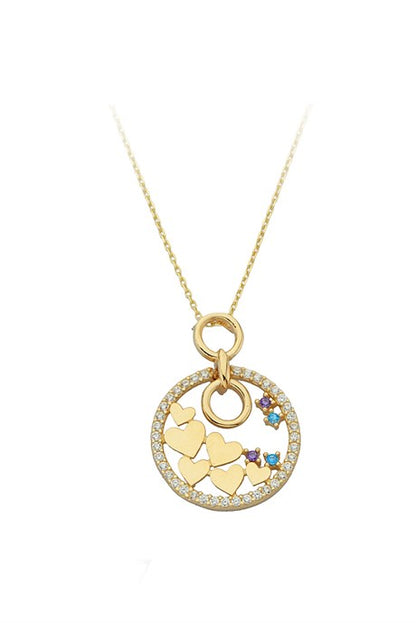 Solid Gold Colorful Gemstone Heart Circle Necklace | 14K (585) | 2.84 gr