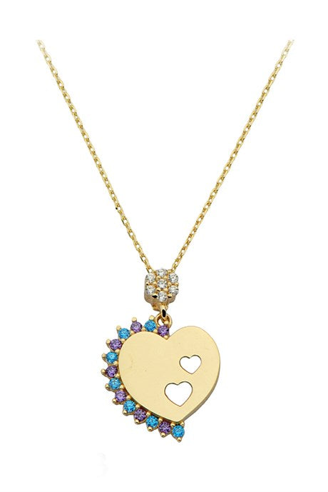 Solid Gold Colorful Gemstone Heart Plate Necklace | 14K (585) | 2.27 gr