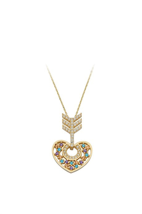 Collier coeur et flèche en or massif avec pierres précieuses colorées | 14K (585) | 3,35 grammes