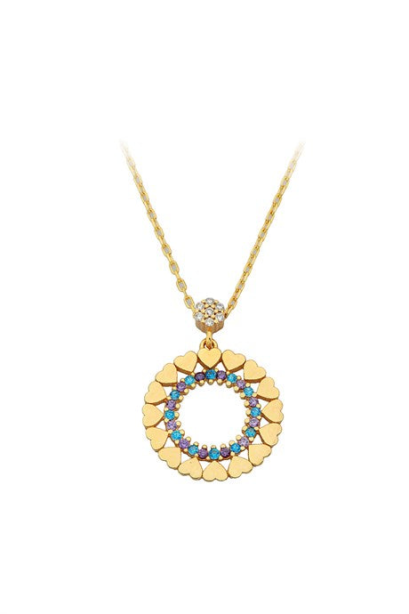 Solid Gold Colorful Gemstone Heart Circle Necklace | 14K (585) | 2.40 gr
