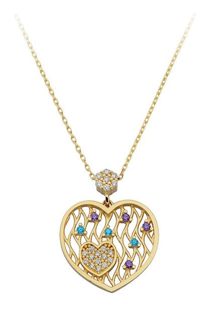 Solid Gold Colorful Gemstone Heart Necklace | 14K (585) | 2.30 gr