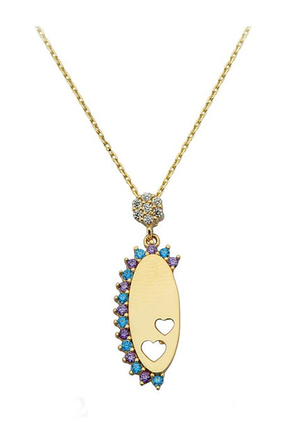 Solid Gold Colorful Gemstone Heart Plate Necklace | 14K (585) | 2.27 gr