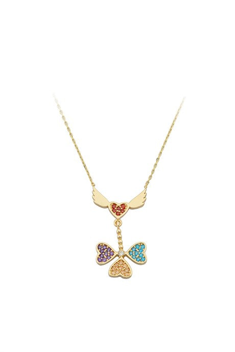 Collier coeur ailé en or massif avec pierres précieuses colorées | 14K (585) | 2,40 gr