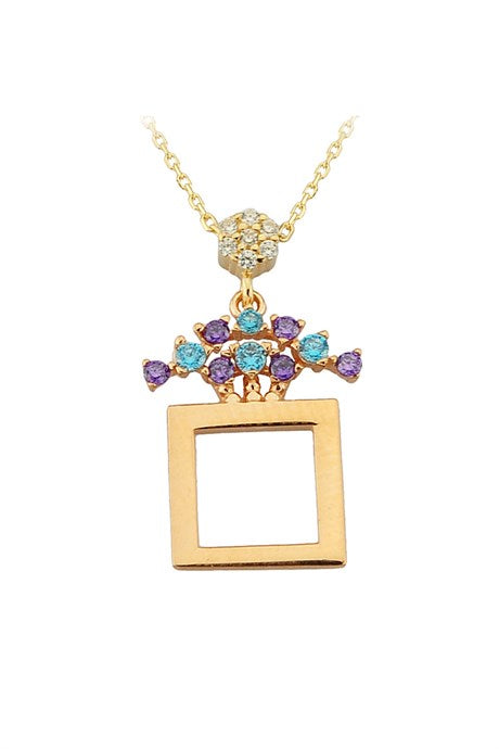 Solid Gold Colorful Gemstone Square Necklace | 14K (585) | 2.24 gr