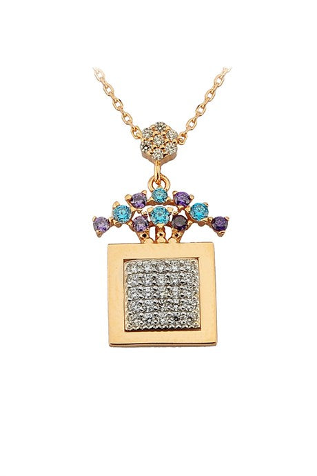 Solid Gold Colorful Gemstone Square Necklace | 14K (585) | 3.18 gr