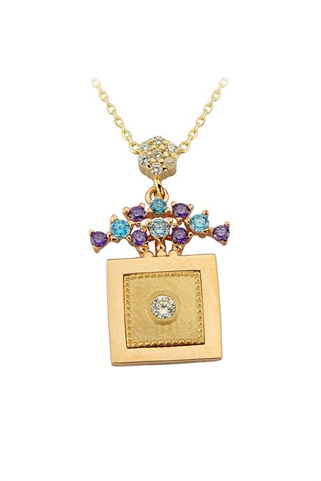 Solid Gold Colorful Gemstone Square Necklace | 14K (585) | 2.98 gr