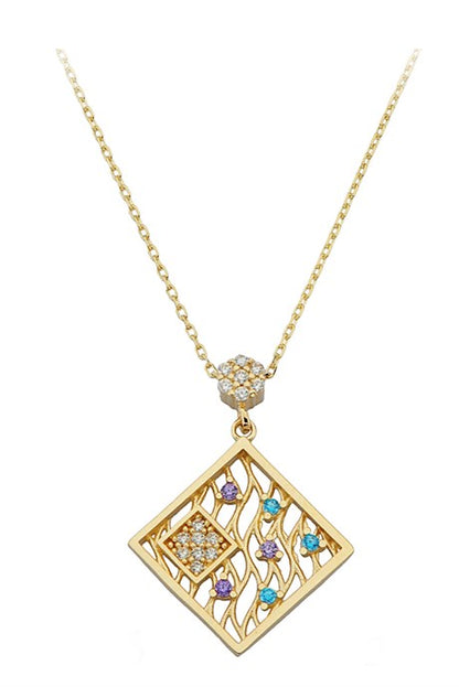 Solid Gold Colorful Gemstone Square Necklace | 14K (585) | 2.20 gr