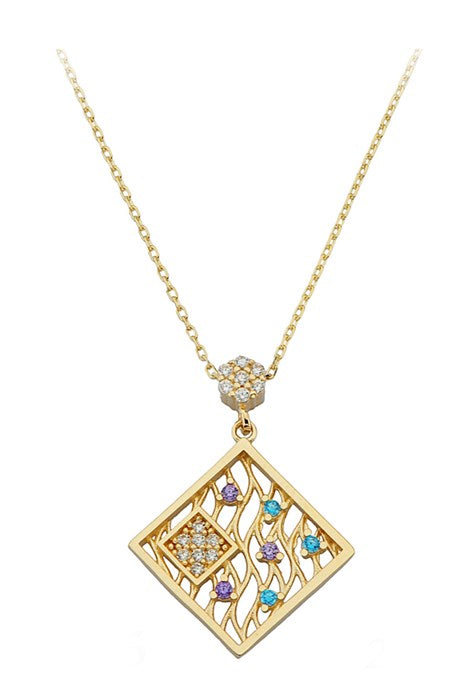 Solid Gold Colorful Gemstone Square Necklace | 14K (585) | 2.20 gr