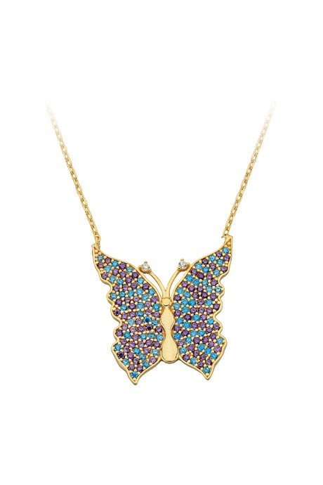 Collar de mariposa de piedras preciosas de colores de oro macizo | 14K (585) | 2,40 gramos