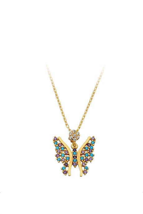 Collier papillon de pierres précieuses colorées en or massif | 14K (585) | 2,30 gr