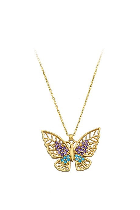 Solid Gold Colorful Gemstone Butterfly Necklace | 14K (585) | 2.39 gr