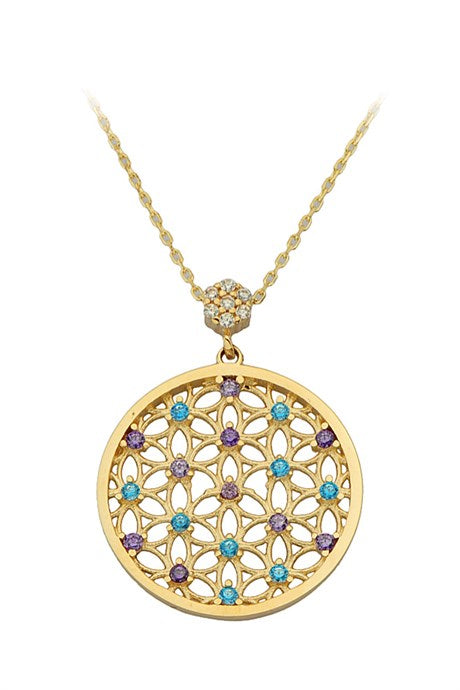 Solid Gold Colorful Gemstone Flower of Life Necklace | 14K (585) | 2.86 gr