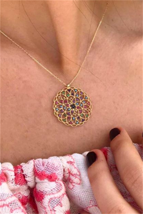Solid Gold Colorful Gemstone Necklace | 14K (585) | 3.80 gr