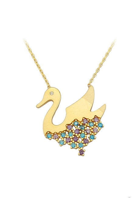 Solid Gold Colorful Gemstone Swan Necklace | 14K (585) | 2.58 gr