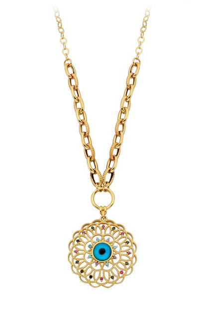 Solid Gold Colorful Gemstone Evil Eye Necklace | 14K (585) | 8.32 gr