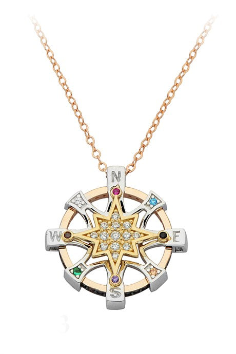 Solid Gold Colorful Gemstone Compass Necklace | 14K (585) | 4.62 gr