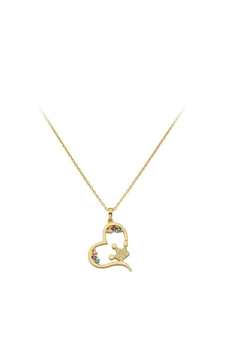 Solid Gold Colorful Gemstone Crown Heart Necklace | 14K (585) | 2.13 gr