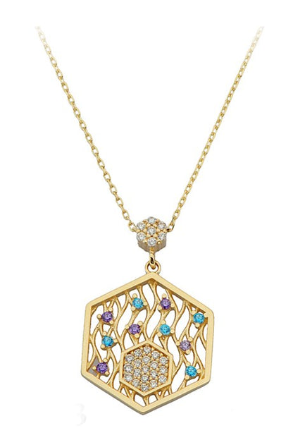 Solid Gold Colorful Gemstone Design Necklace | 14K (585) | 2.32 gr