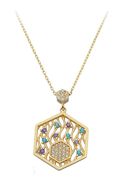 Collier de conception de pierres précieuses colorées en or massif | 14K (585) | 2,32 grammes