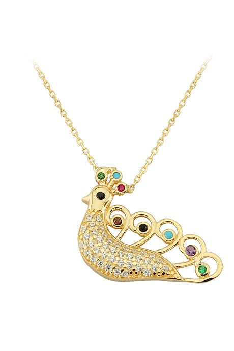 Solid Gold Colorful Gemstone Peacock Necklace | 14K (585) | 2.35 gr