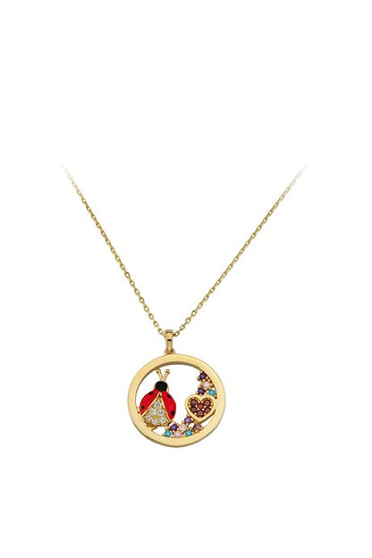 Collier coccinelle en or massif avec pierres précieuses colorées | 14K (585) | 2,58 grammes