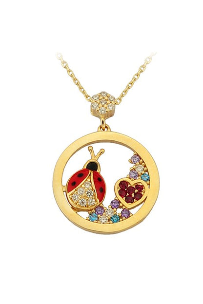 Solid Gold Colorful Gemstone Ladybug Necklace | 14K (585) | 2.72 gr