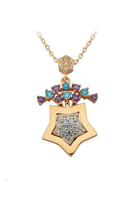 Collar de estrella de piedras preciosas de colores de oro macizo | 14K (585) | 2,80 gramos